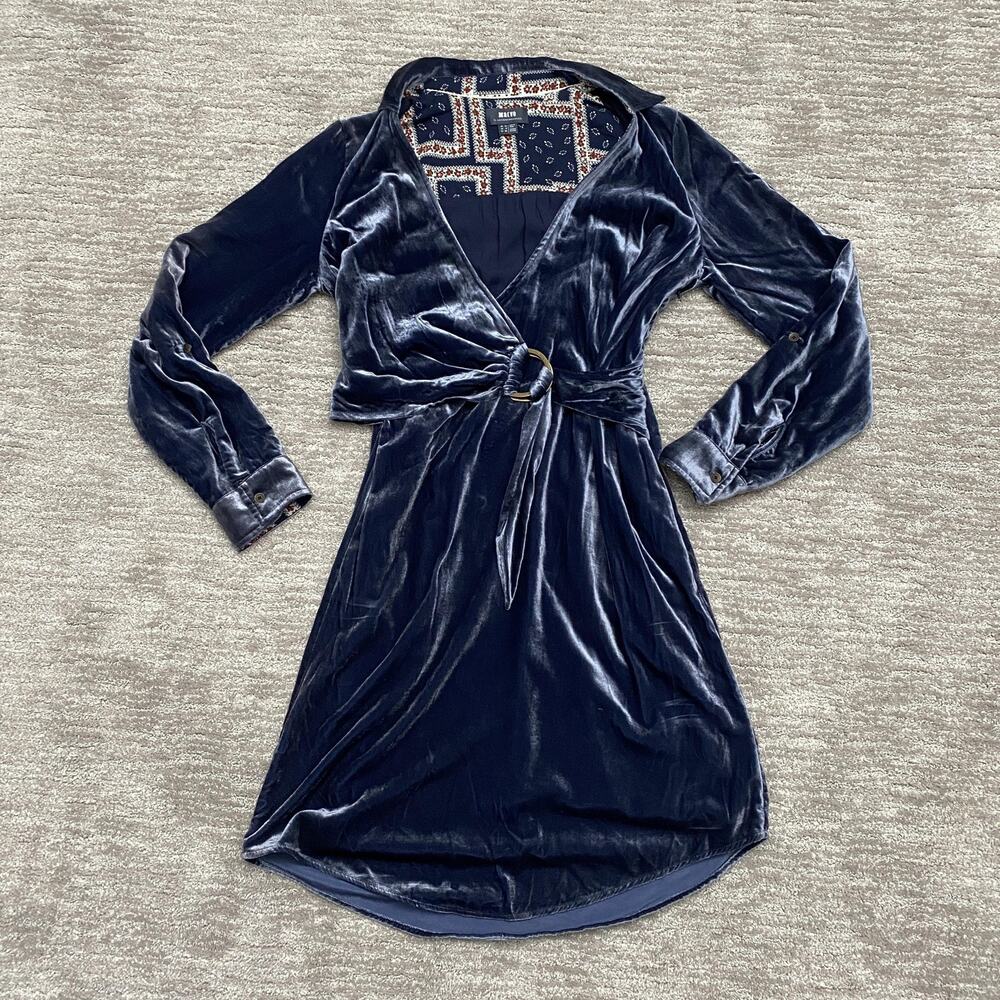 Maeve by Anthropologie Dress Womens 6 Blue Velvet Velour Faux Wrap Belted